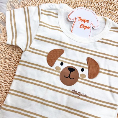  Conj. Camiseta Listrada Dog Club e Bermuda - Marrom e Off White